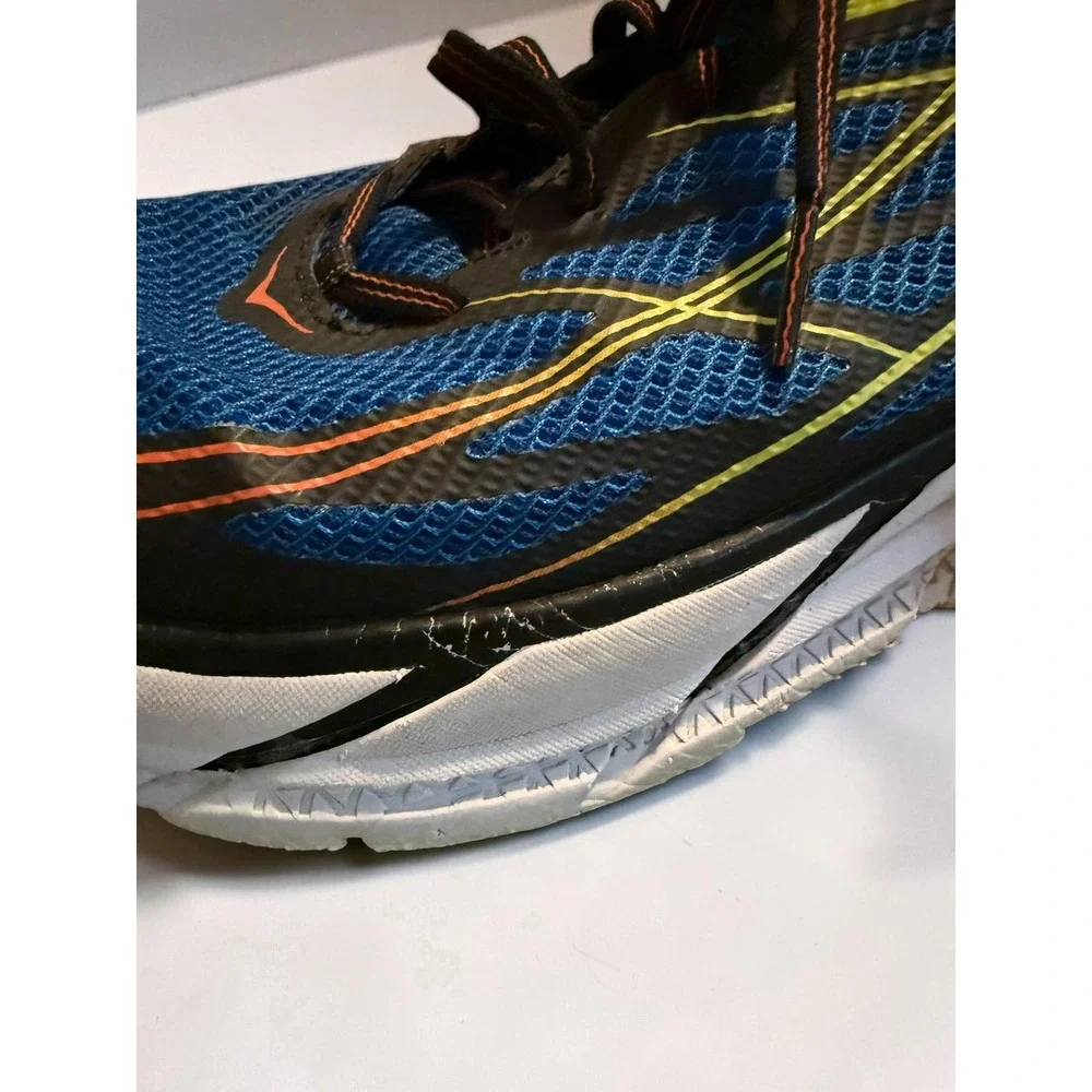 Hoka One One Clifton 3 Mens 10.5 Blue‎ Red Orange Running Shoes 1012046 BRON
